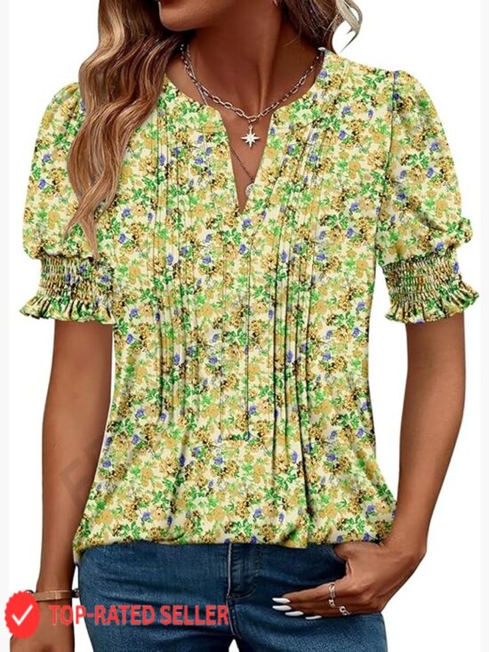 Tops - Dressy Casual Top Puff Sleeve Pleated Blouse Loose Trendy Summer Shirt V-Neck